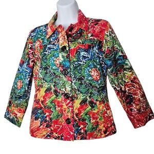 Chico's Silk Cotton‎ Crinkle Floral Jacket Size 0 (S) Boho Artsy Dopamine Chic